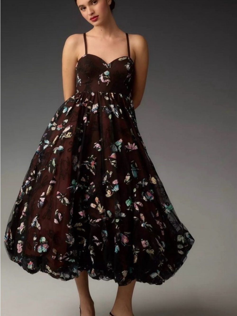 Anthropologie Brown Floral Midi Dress with Spaghetti Straps